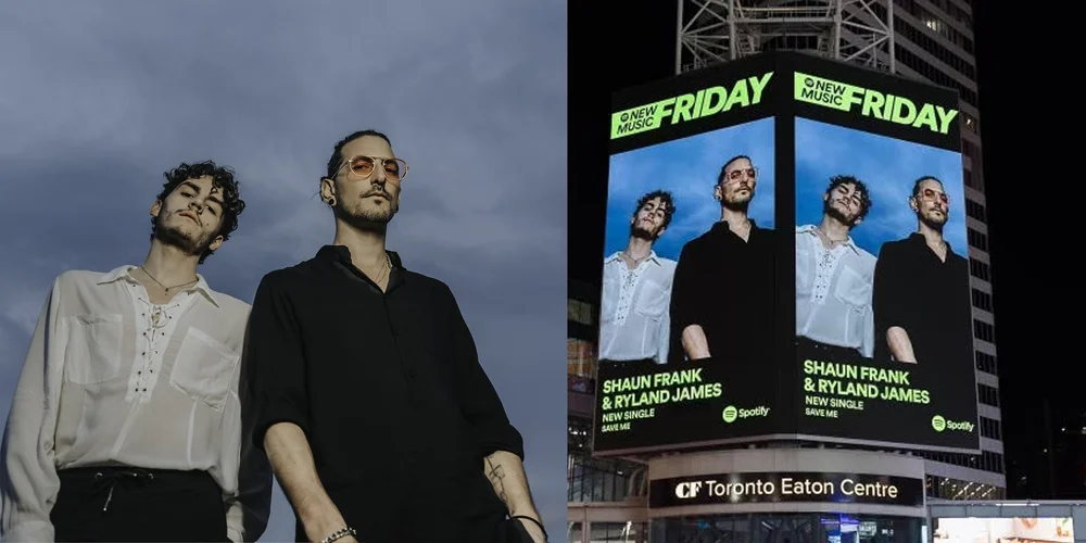 Shaun Frank and Ryland James portrait beside its Spotify New Music Friday billboard